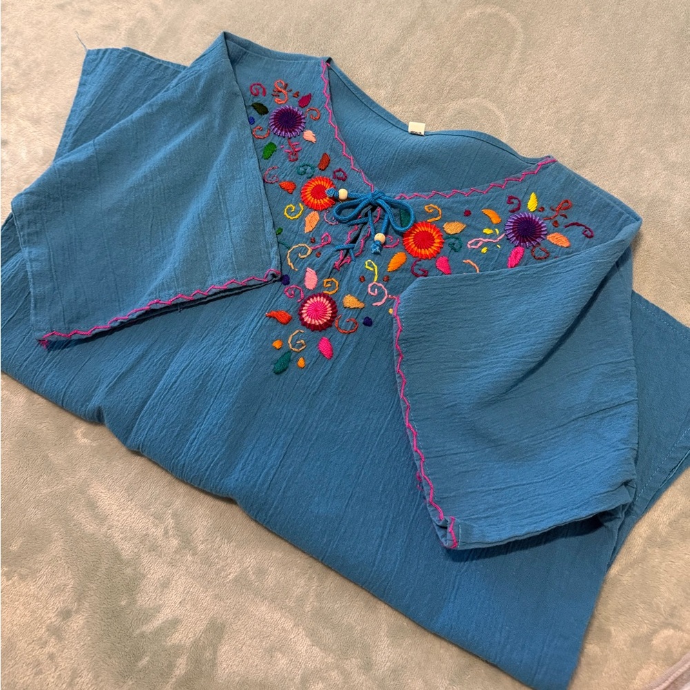 Blue Embroidered Top with Colorful Floral Mexican Design hand embroidered
